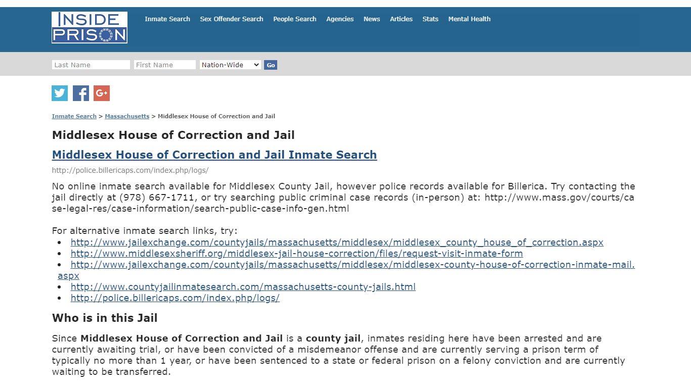 Middlesex House of Correction and Jail - Massachusetts ...